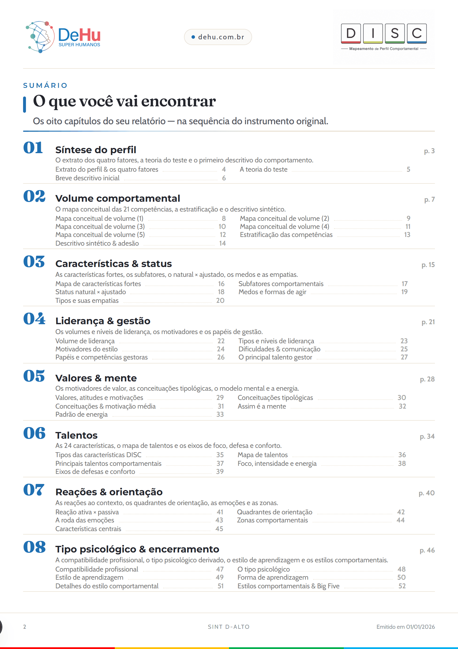 Sumário do relatório DISC, com os capítulos e a numeração das páginas