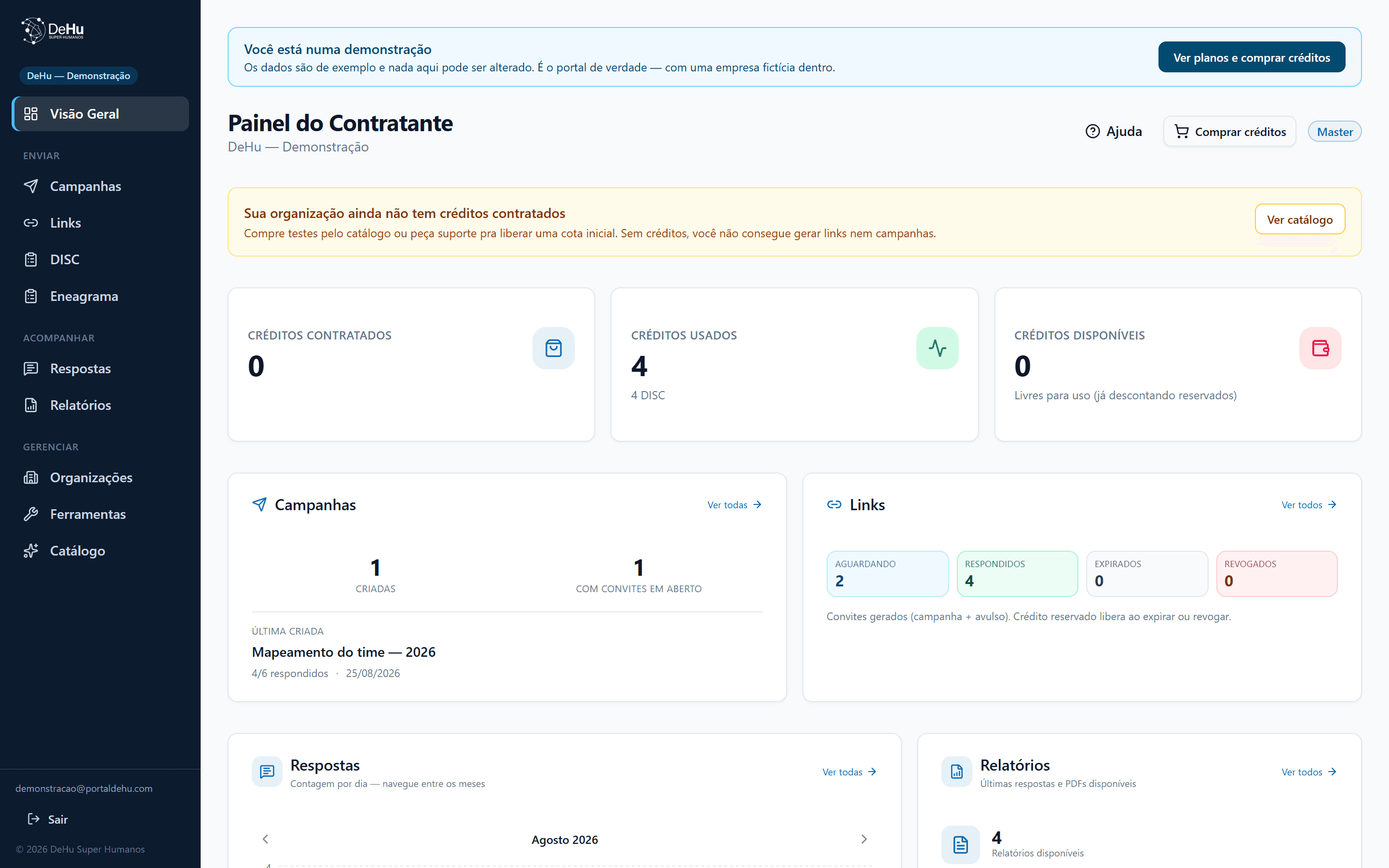 Visão geral do portal com saldo e atividade